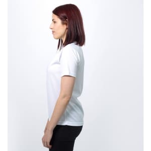 A white women's sports t-shirt with a short sleeve design, featuring a logo on the front.