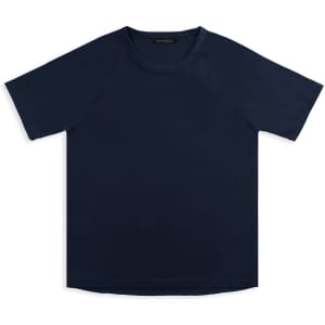 A navy women's sports T-shirt with a round neckline and short sleeves, featuring a logo.