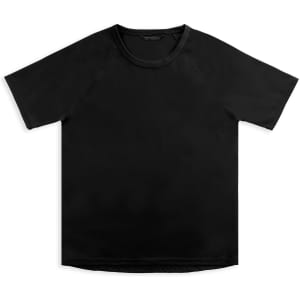 A black women's sports t-shirt with a simple design and short sleeves. It features a logo on the label.