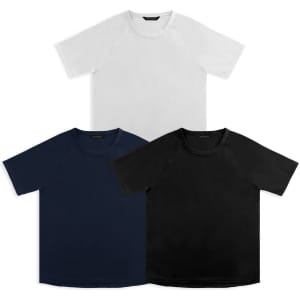 Three T-shirts in white, navy blue, and black, featuring a simple design and a logo on the front.