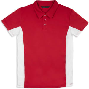 A red and white polo shirt with a classic collar and buttons, featuring a logo on the chest.