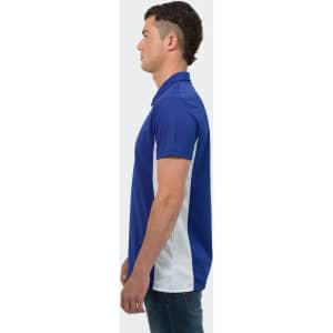 A blue and white polo shirt displayed on a male model in profile, featuring a logo on the chest.