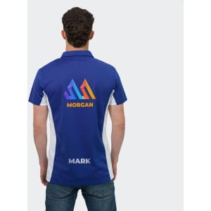 A blue and white polo shirt featuring a logo and personalised names on the back.