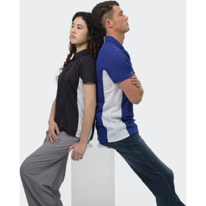 Two models wearing polo shirts, one in black and the other in blue with white accents, sitting back to back.