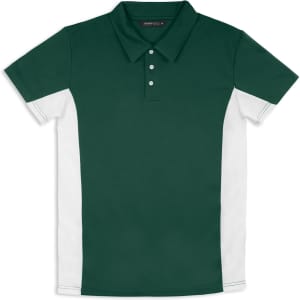 A green polo shirt features white side panels and a collar, with a three-button placket and a logo.