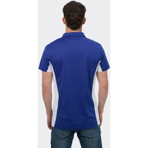 A blue and white men's polo shirt with short sleeves, featuring a logo on the back.