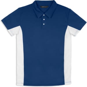 A blue and white polo shirt featuring a three-button placket and a branded logo.