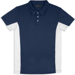 A navy blue and white men's polo shirt featuring a collar and buttons, with a logo on the chest.