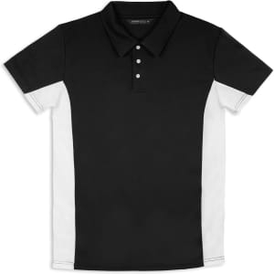 A black and white men's polo shirt with a collar and buttons, featuring a logo on the chest.