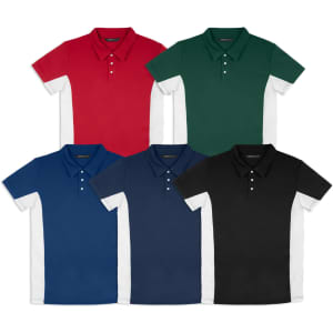 Five TRENDSWEAR Harvey men's polo shirts in red, green, blue, black, and navy, featuring white side panels and a logo.