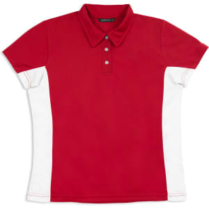 A red women's polo shirt with white side panels and a collar, featuring a branding logo.