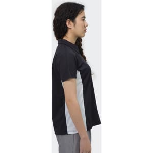 A black and grey women's polo shirt with a fitted design and a logo on the chest.