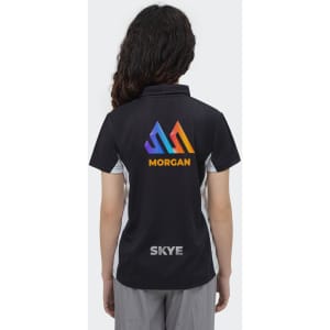 A women's black polo shirt with colourful branding on the back and contrasting side panels.