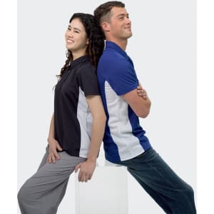 A black and white women's polo shirt and a blue and white men's polo shirt are displayed on two models standing back to back.
