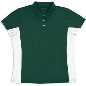 A green and white women's polo shirt featuring a solid body and contrasting side panels. It has a collar and buttons.