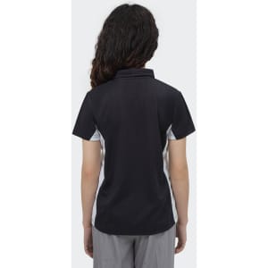 A women's polo shirt in black and grey, featuring a collar and contrasting side panels, with a logo on the back.