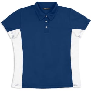 A navy blue and white women's polo shirt featuring a collar and short sleeves, with branding on the inside.