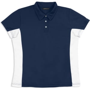 A navy and white women's polo shirt featuring a classic collar, button placket, and a logo.