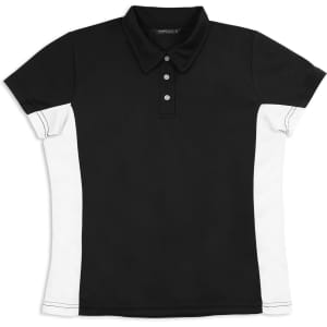 A black and white women's polo shirt with a collar and button placket, featuring side panels and a logo.