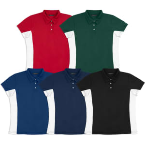 A collection of polo shirts in red, green, navy, black, and white, featuring various colour combinations. Each shirt has a collar and buttons.