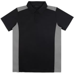 A black polo shirt with grey side panels and a collar, featuring a logo on the chest.