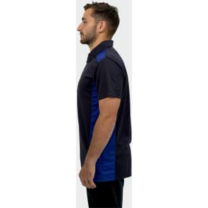 A men's polo shirt in navy blue with blue side panels and a logo.