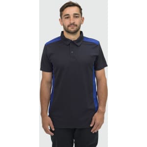 A black polo shirt with blue side panels, featuring a collar and a branded logo.