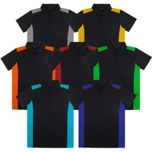 A collection of TRENDSWEAR Apex men's polo shirts in black with contrasting coloured panels in various shades.
