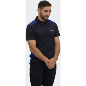A navy and blue men's polo shirt with a logo, featuring short sleeves and a classic collar.