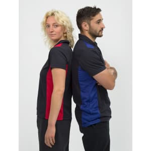 A black polo shirt featuring red and blue accents, modelled by a woman and a man standing back to back.
