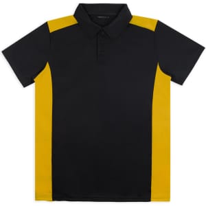 A black and yellow polo shirt with a collared neckline and a logo on the chest. It features contrasting side panels.