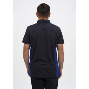 A men's polo shirt in black with blue side panels, featuring a collar and a logo on the back.