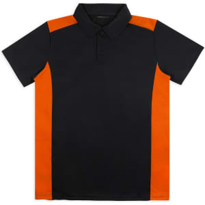 A navy polo shirt featuring orange side panels and a collar, designed with a logo on the chest.