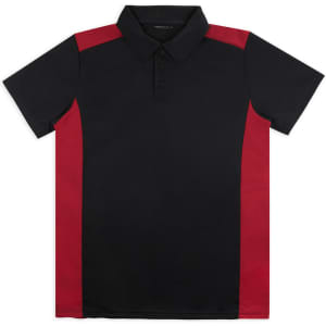 A polo shirt in navy blue with red side panels, featuring a collar and buttons, and has a logo.