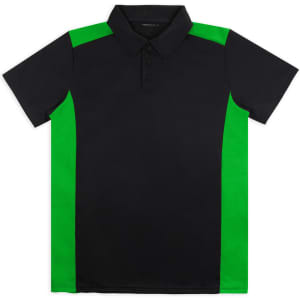 A black polo shirt with green side panels and a collar, featuring a logo on the chest.