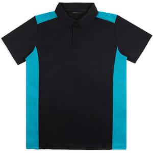 A black polo shirt with turquoise sides and a collar, featuring a logo on the chest.
