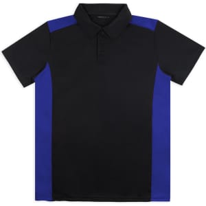 A black polo shirt with blue side panels, featuring a collar and three buttons, with a logo on the chest.
