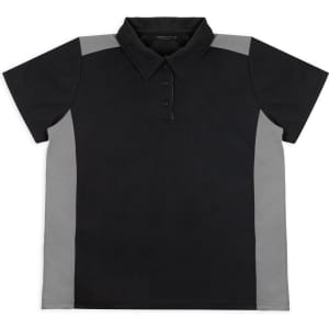 A black and grey polo shirt featuring a collar and short sleeves, with a logo on the chest area.