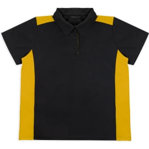 A black and yellow polo shirt with a collar, featuring short sleeves and an undefined logo.
