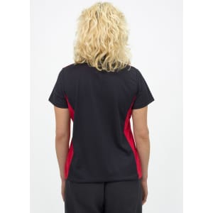 A women's polo shirt in navy blue with red side panels, featuring a small logo on the back.