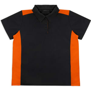 A black polo shirt with orange accents and a collar, featuring a logo on the front.