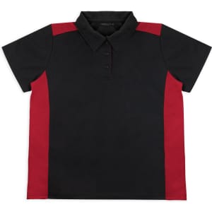 A black and red women's polo shirt featuring a collar and a logo. It has short sleeves and button detailing.