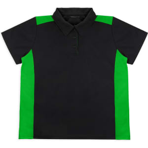 A black polo shirt featuring green side panels and a collar, with a logo on the chest area.