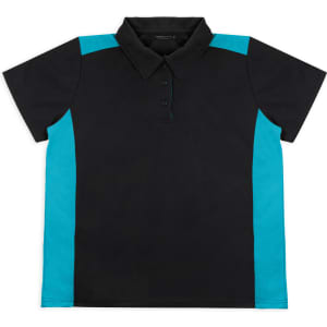 A women's polo shirt featuring a black body with turquoise side panels and a collar, suitable for casual or sporty settings.