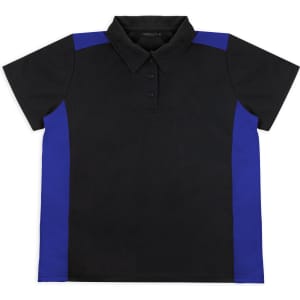 A black polo shirt with blue side panels and a collared neckline, featuring buttons and a logo.