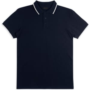 A navy polo shirt featuring a contrasting collar and a placket with buttons. It has a logo on the chest.