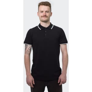 A black polo shirt with white accents, featuring a collar and short sleeves, worn by a man.