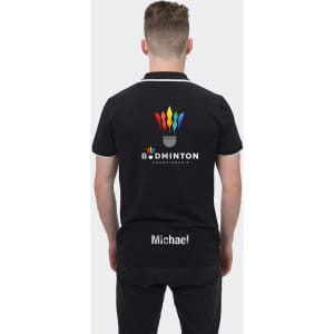 A black polo shirt featuring a colourful logo and the name "Michael" at the bottom.