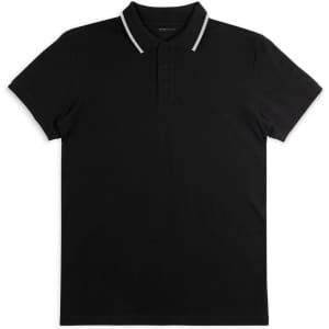 A black polo shirt featuring a collar with contrasting stripes and a logo.