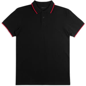 A black polo shirt with red accents on the collar and sleeves, featuring a buttoned placket and a logo.
